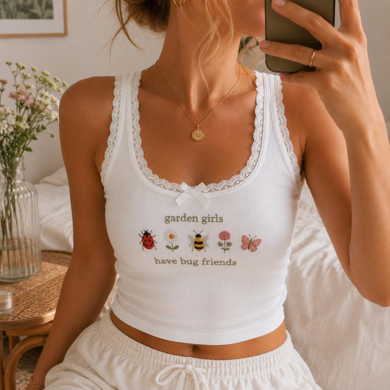 Garden Girls Have Bug Friends Embroidered Camisole, Cottagecore Lace Trim Tank Top, Bee Ladybug Moth Shirt for Women