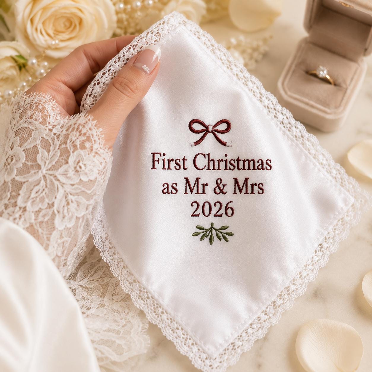 Personalized Christmas Handkerchief, Custom Embroidered Wedding Hanky, First Christmas Mr And Mrs Gift