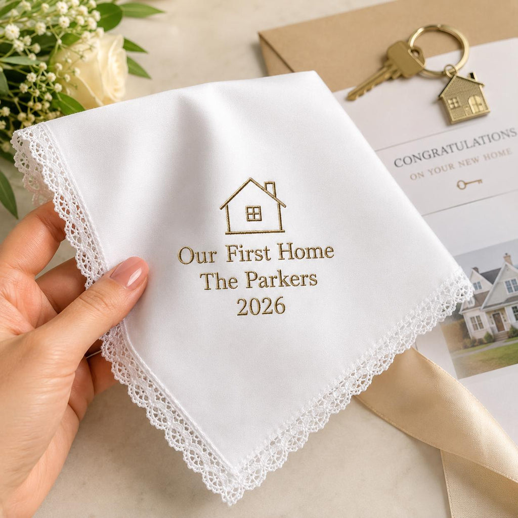 Personalized First Home Handkerchief, Custom Embroidered Housewarming Hanky, New Home Keepsake Gift