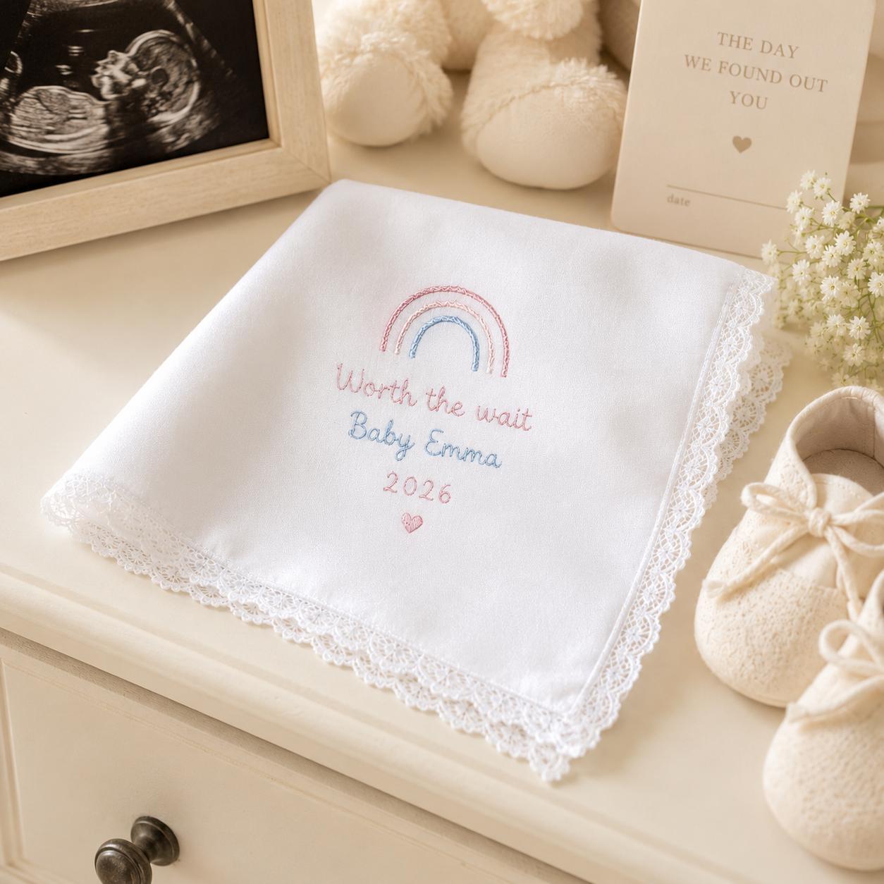 Personalized Baby Handkerchief, Custom Embroidered Rainbow Baby Hanky, Baby Shower Keepsake Gift