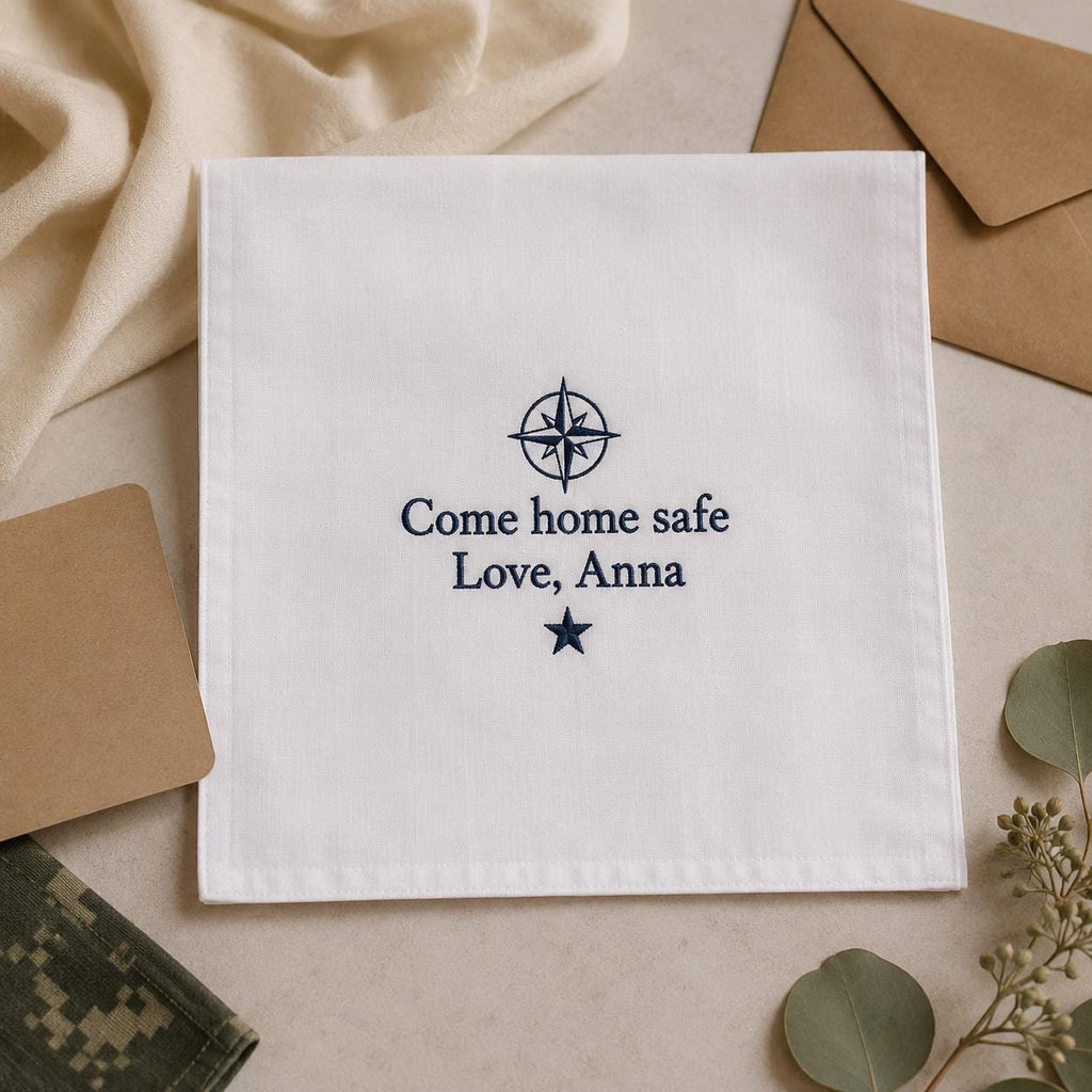 Personalized Military Handkerchief, Custom Embroidered Come Home Safe Hanky, Deployment Gift