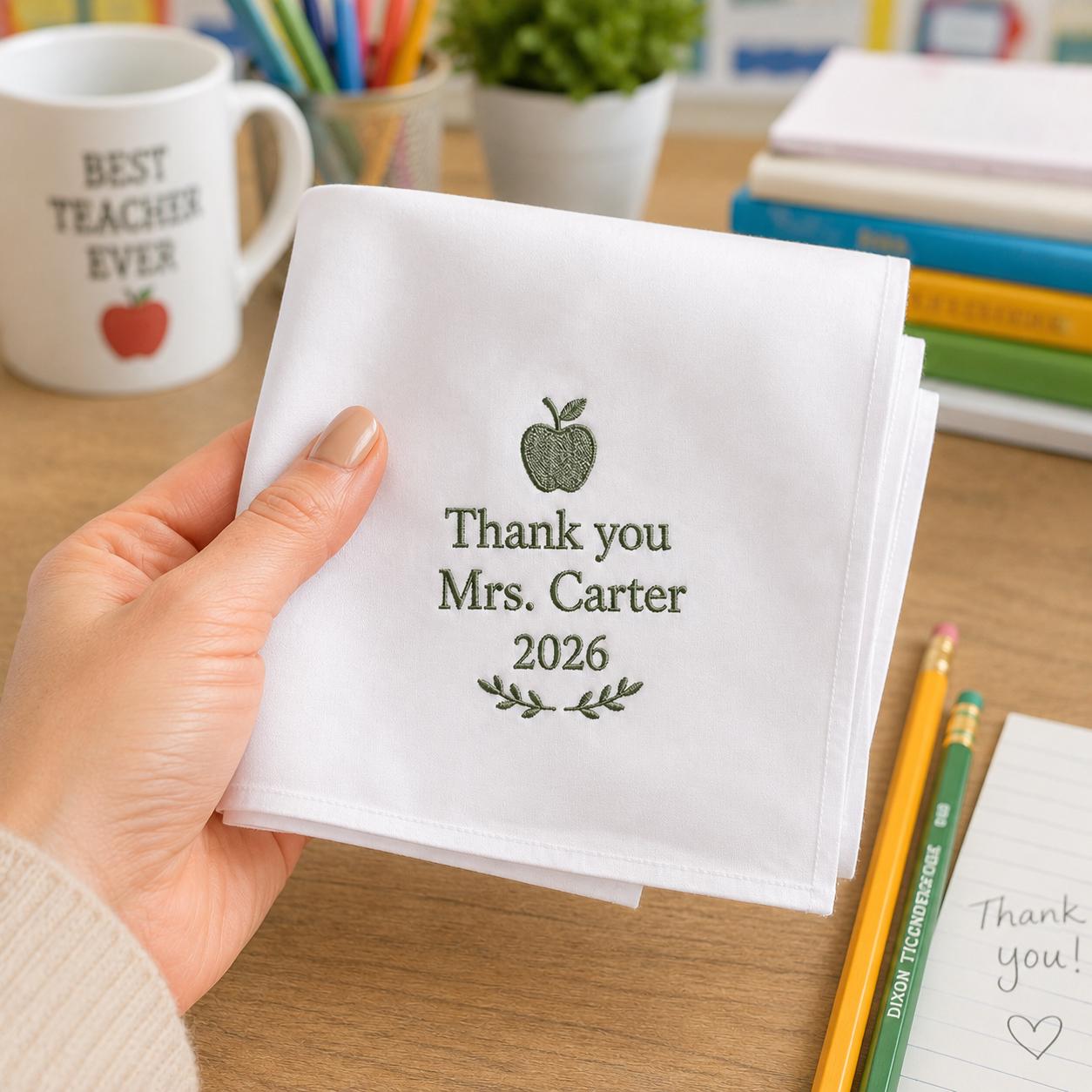 Personalized Teacher Handkerchief, Custom Embroidered Thank You Teacher Hanky, Teacher Appreciation Gift