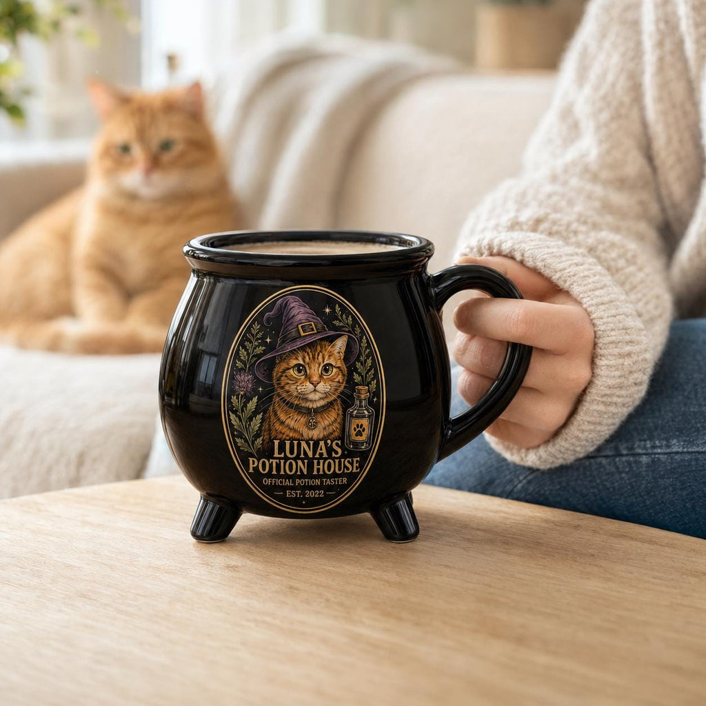 Custom Pet Cauldron Mug, Personalized Cat Portrait Witch Mug, Halloween Pet Gift, Gothic Black Ceramic Cup, Pet Mom Gift