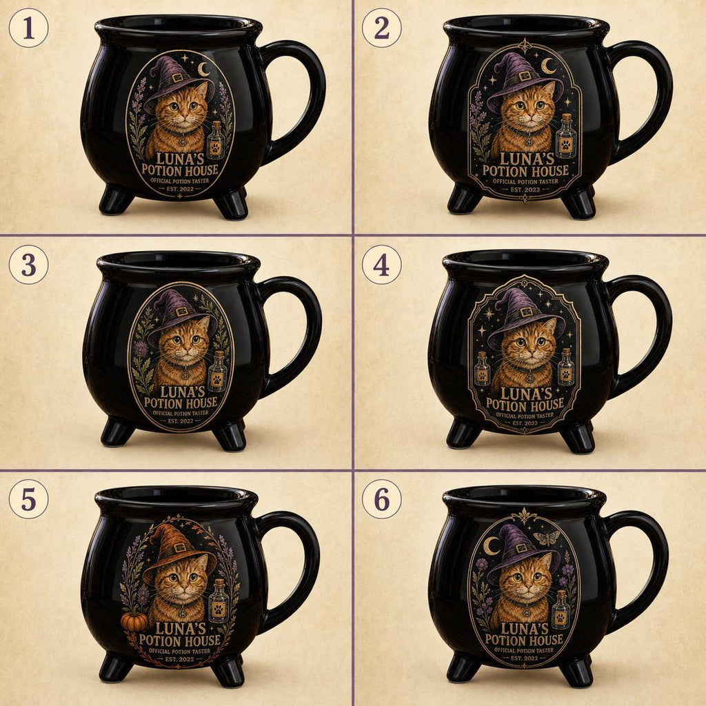 Custom Pet Cauldron Mug, Personalized Cat Portrait Witch Mug, Halloween Pet Gift, Gothic Black Ceramic Cup, Pet Mom Gift