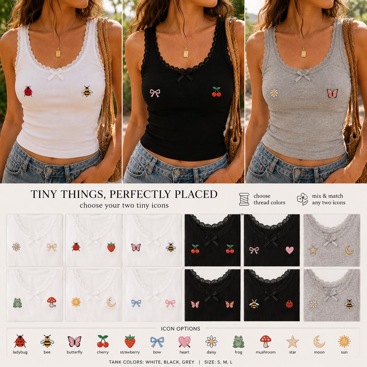 Custom Tiny Icon Tank Top, Embroidered Lace Trim Cami, Personalized Mini Motif Shirt, Coquette Gift