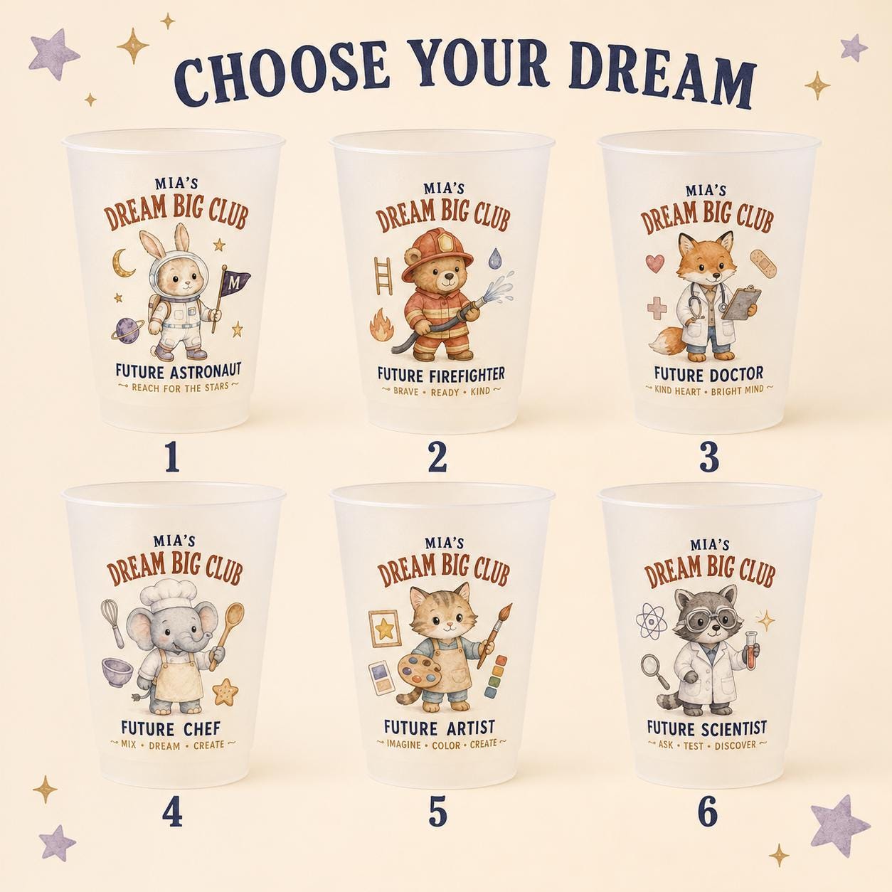 Personalized Kids Career Frosted Cups, Dream Big Animal Cup, Custom Name Birthday Party Favor, Preschool Graduation Gift