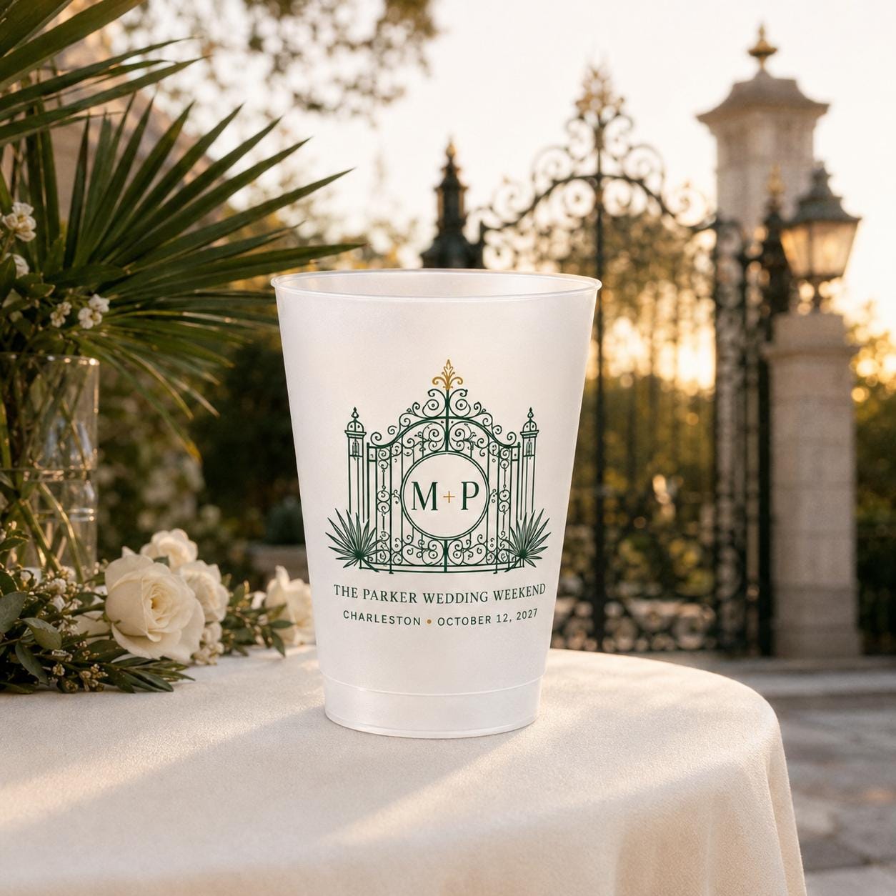 Personalized Wedding Frosted Cups, Custom Estate Crest Monogram, Wedding Weekend Bar Cups, Reception Party Favors
