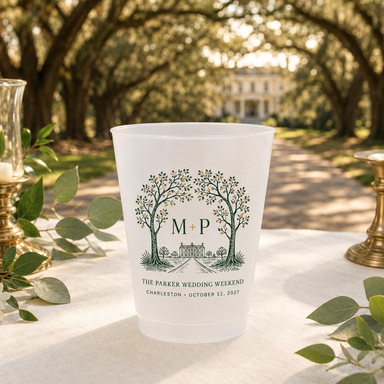 Personalized Wedding Frosted Cups, Custom Estate Crest Monogram, Wedding Weekend Bar Cups, Reception Party Favors