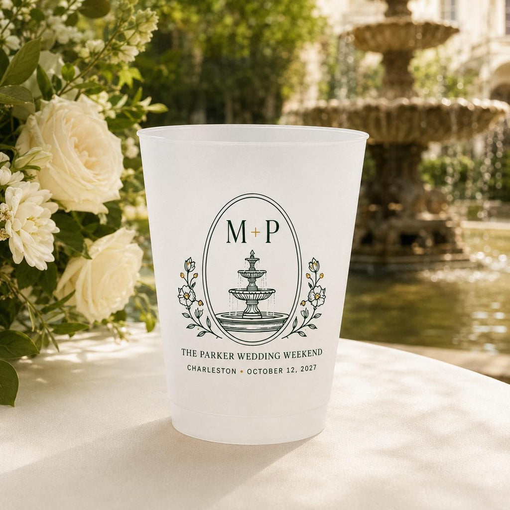 Personalized Wedding Frosted Cups, Custom Estate Crest Monogram, Wedding Weekend Bar Cups, Reception Party Favors
