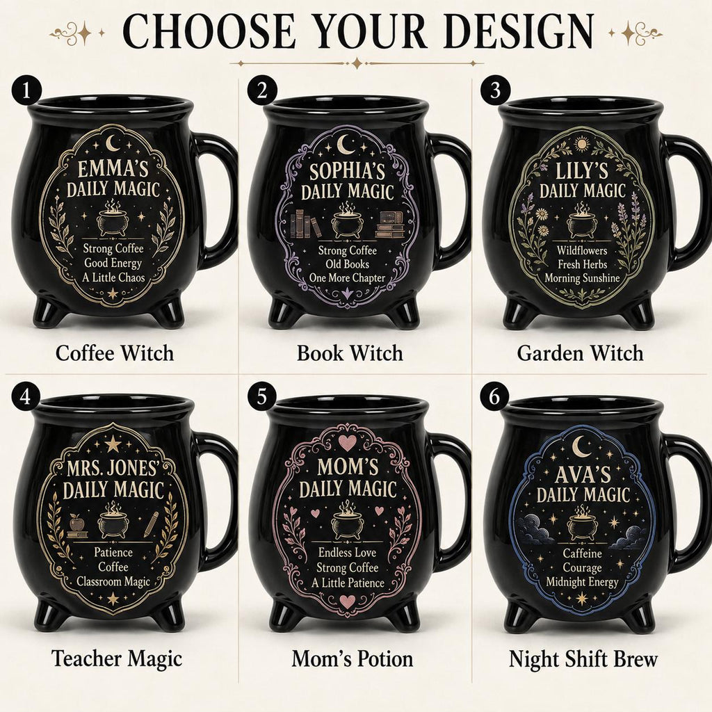 Personalized Cauldron Mug, Custom Daily Magic Witch Mug, Halloween Ceramic Coffee Cup, Gothic Book Lover Teacher Mom Gift