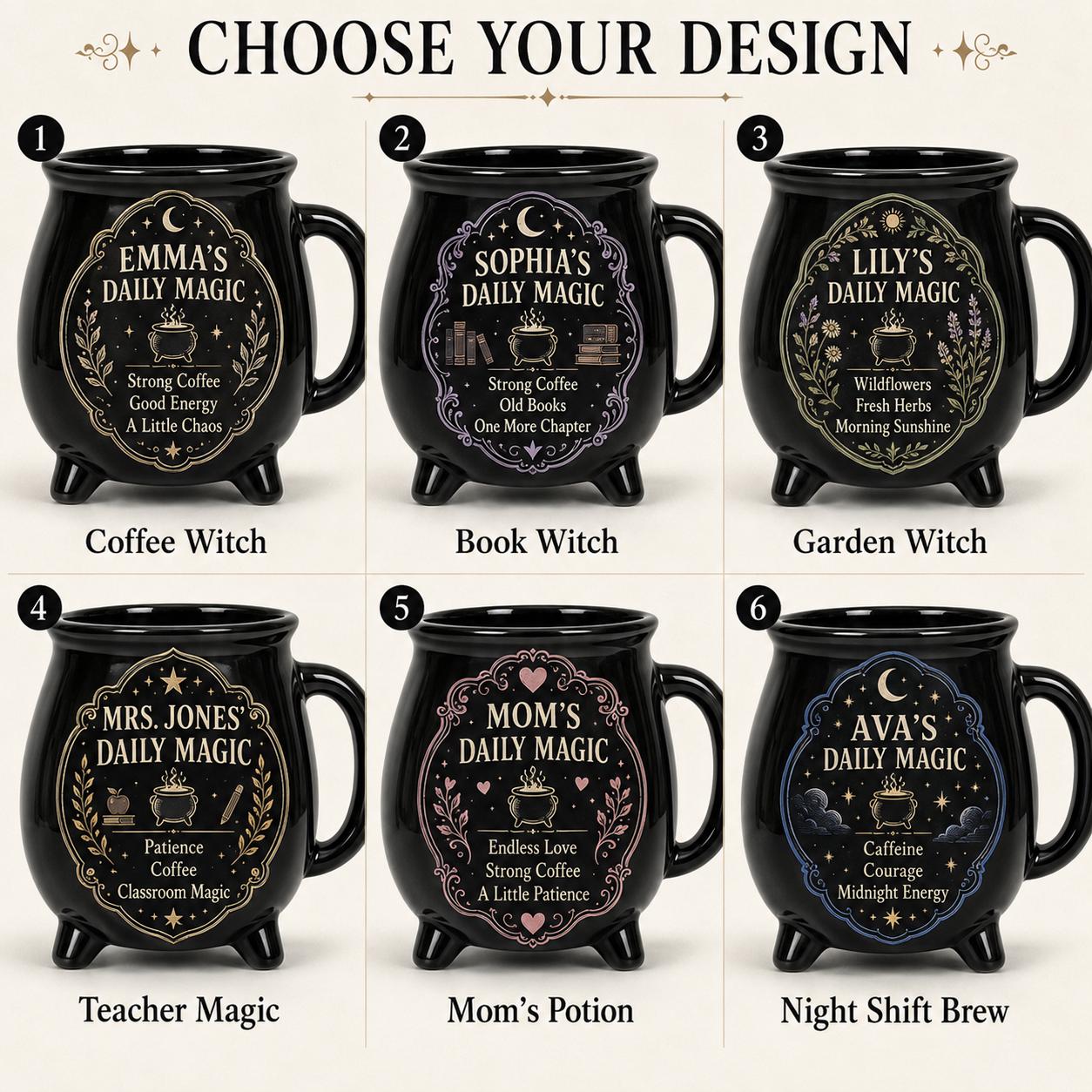 Personalized Cauldron Mug, Custom Daily Magic Witch Mug, Halloween Ceramic Coffee Cup, Gothic Book Lover Teacher Mom Gift