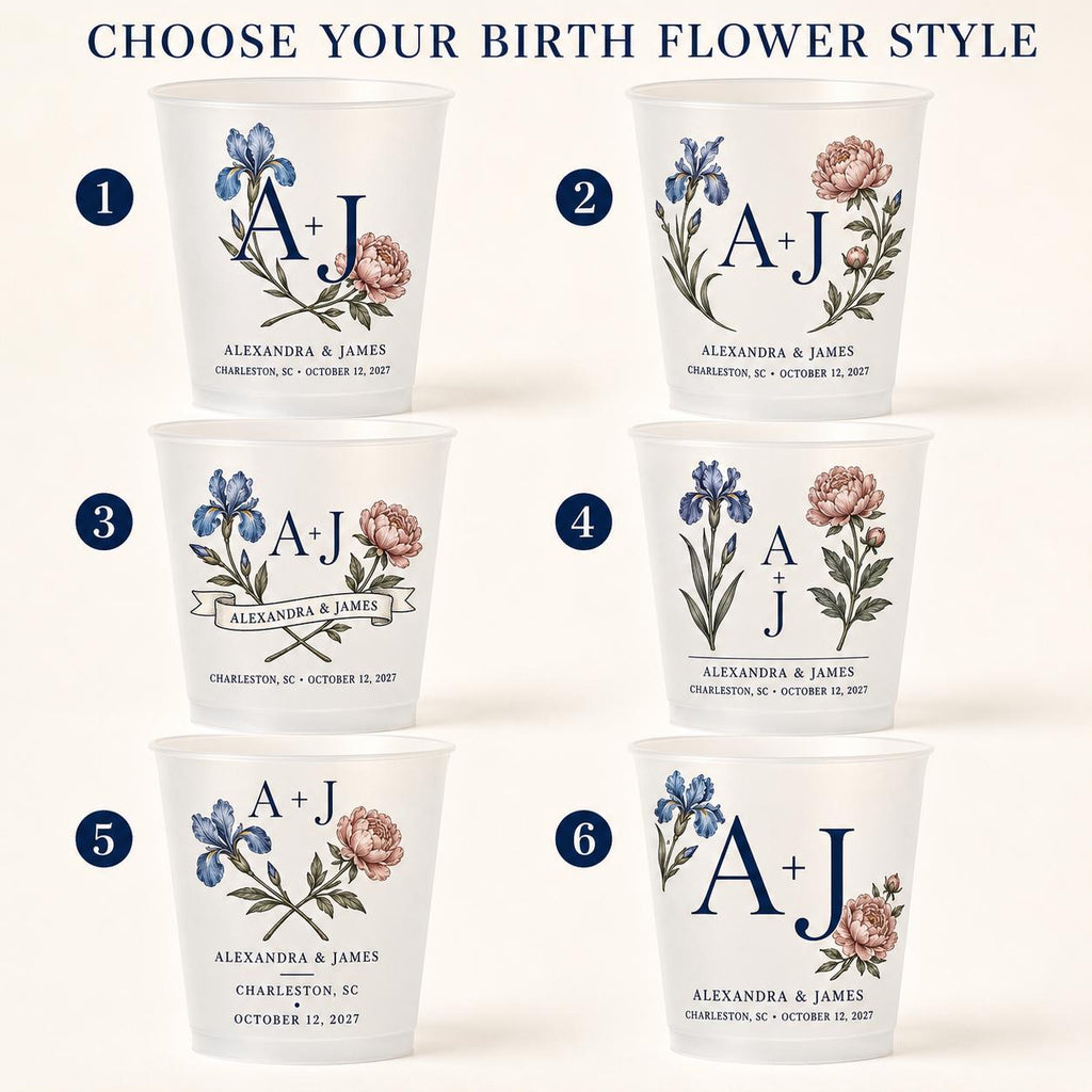 Personalized Birth Flower Wedding Cups, Custom Monogram Frosted Cups, Floral Reception Favors, Engagement Party Drinkware