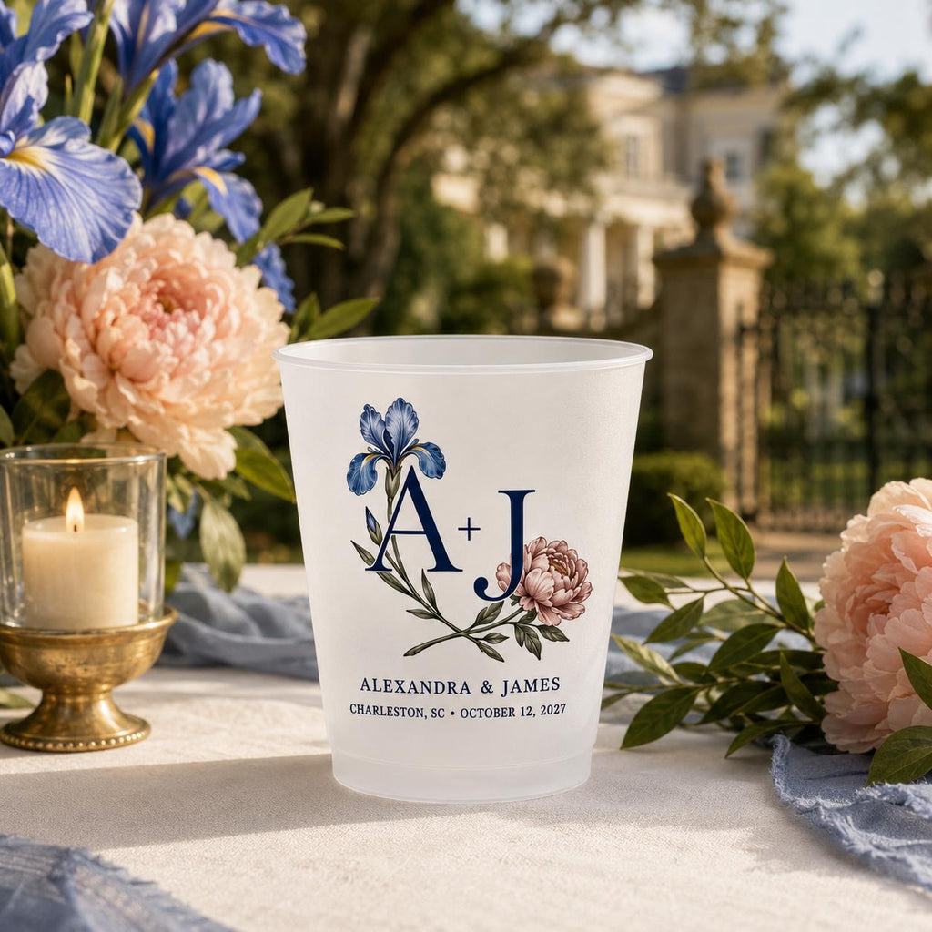 Personalized Birth Flower Wedding Cups, Custom Monogram Frosted Cups, Floral Reception Favors, Engagement Party Drinkware