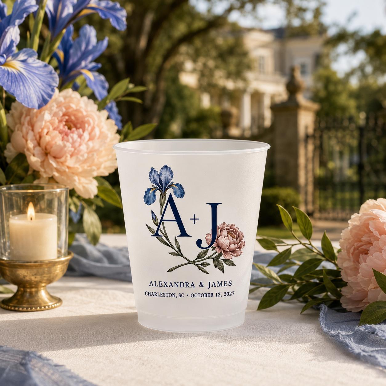 Personalized Birth Flower Wedding Cups, Custom Monogram Frosted Cups, Floral Reception Favors, Engagement Party Drinkware