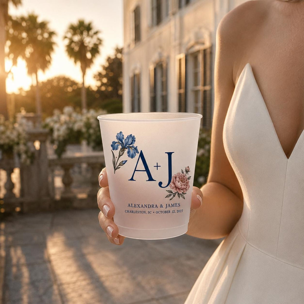 Personalized Birth Flower Wedding Cups, Custom Monogram Frosted Cups, Floral Reception Favors, Engagement Party Drinkware