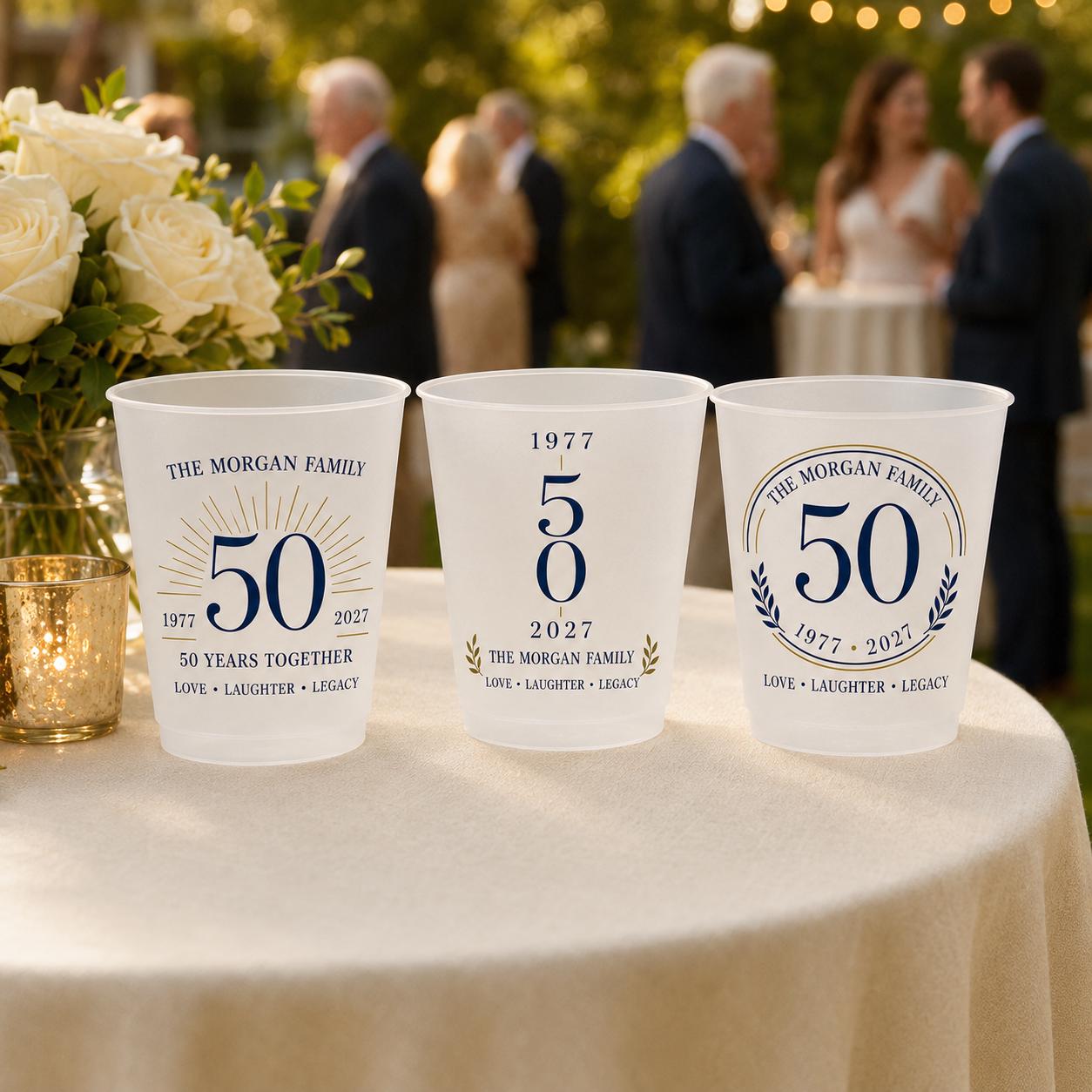 Personalized 50th Anniversary Frosted Cups, Custom Family Name Party Cups, Golden Wedding Anniversary Favors, Milestone Celebration Cups
