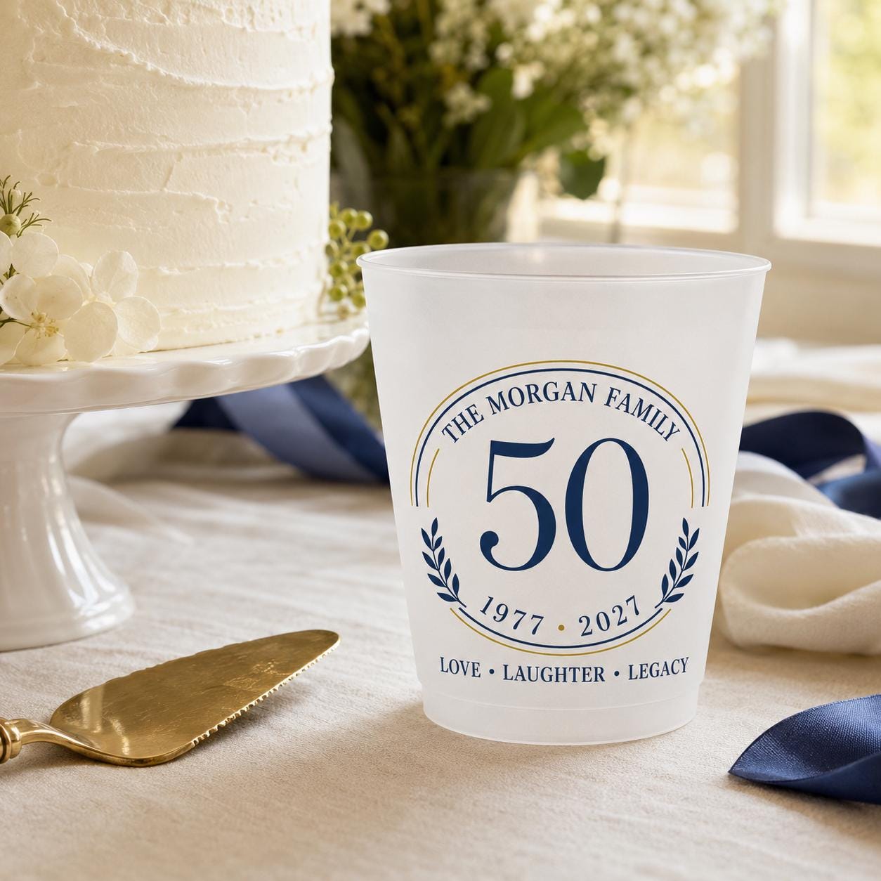 Personalized 50th Anniversary Frosted Cups, Custom Family Name Party Cups, Golden Wedding Anniversary Favors, Milestone Celebration Cups