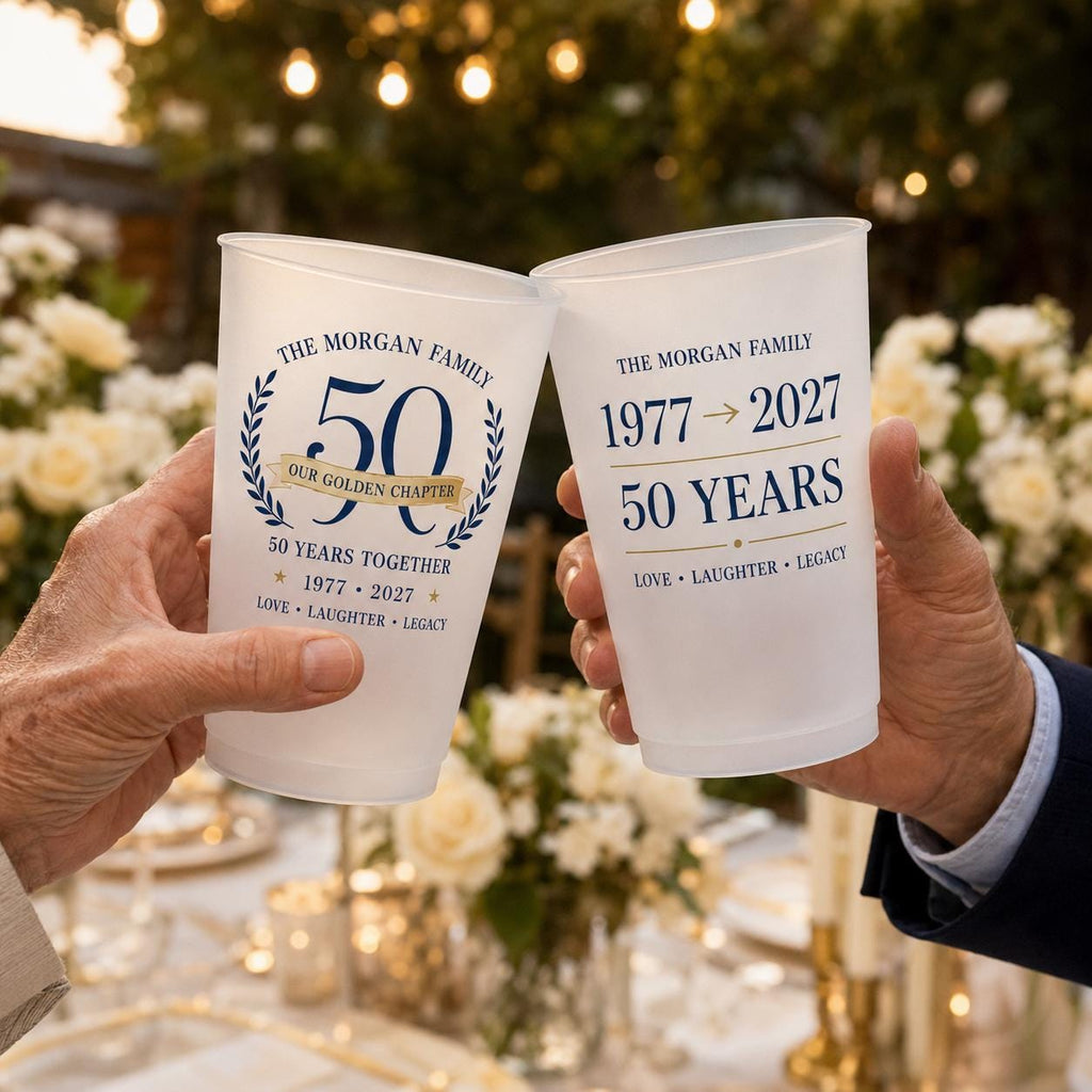 Personalized 50th Anniversary Frosted Cups, Custom Family Name Party Cups, Golden Wedding Anniversary Favors, Milestone Celebration Cups