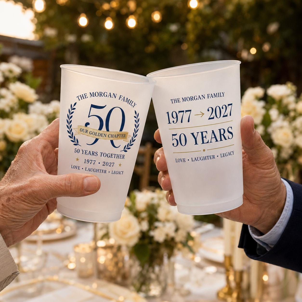 Personalized 50th Anniversary Frosted Cups, Custom Family Name Party Cups, Golden Wedding Anniversary Favors, Milestone Celebration Cups