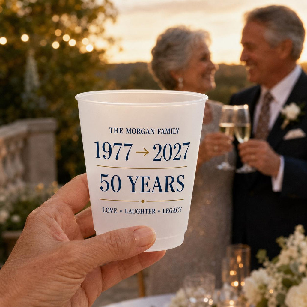 Personalized 50th Anniversary Frosted Cups, Custom Family Name Party Cups, Golden Wedding Anniversary Favors, Milestone Celebration Cups