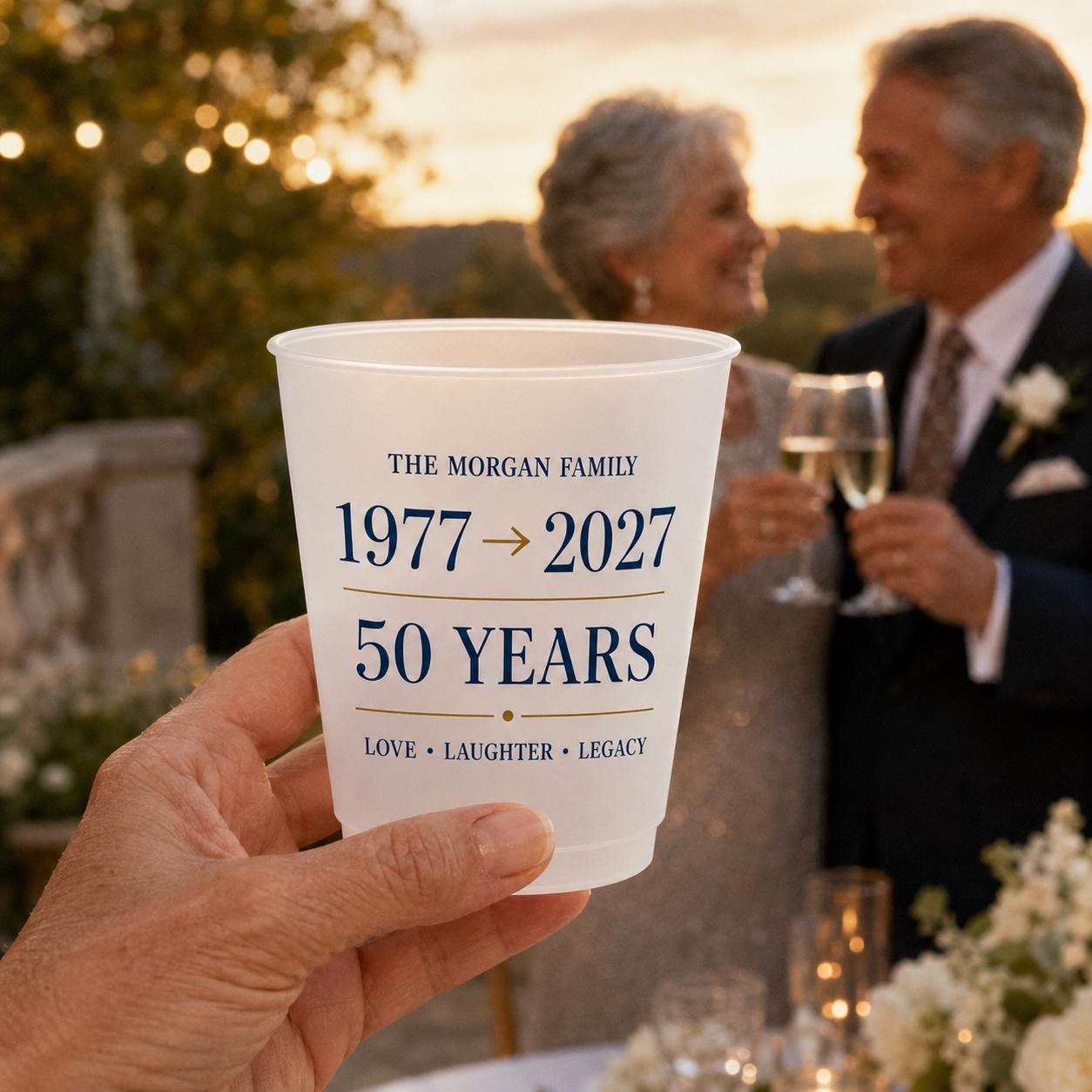 Personalized 50th Anniversary Frosted Cups, Custom Family Name Party Cups, Golden Wedding Anniversary Favors, Milestone Celebration Cups