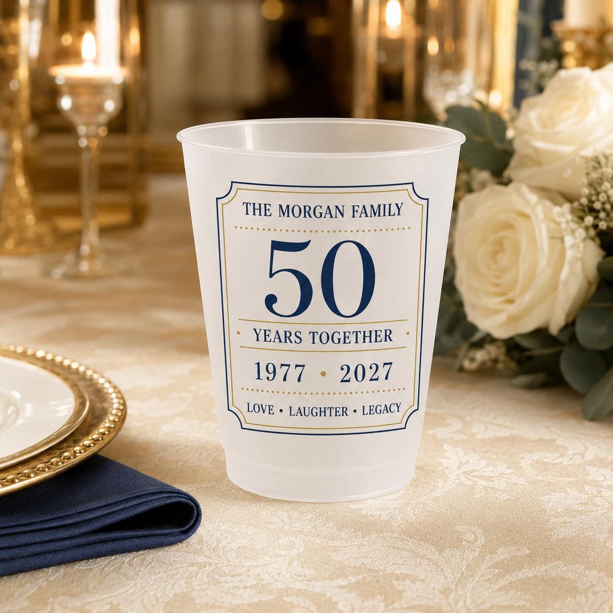 Personalized 50th Anniversary Frosted Cups, Custom Family Name Party Cups, Golden Wedding Anniversary Favors, Milestone Celebration Cups