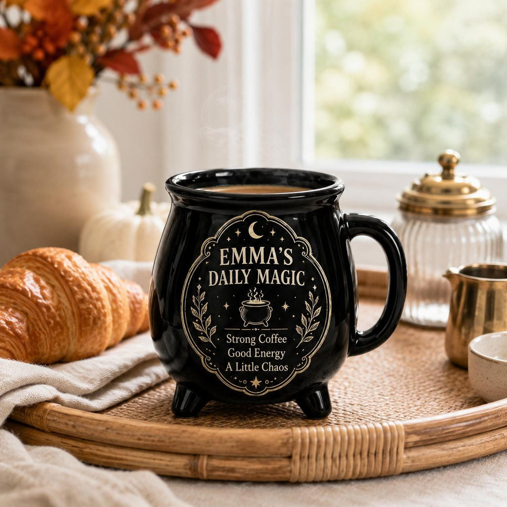 Personalized Cauldron Mug, Custom Daily Magic Witch Mug, Halloween Ceramic Coffee Cup, Gothic Book Lover Teacher Mom Gift