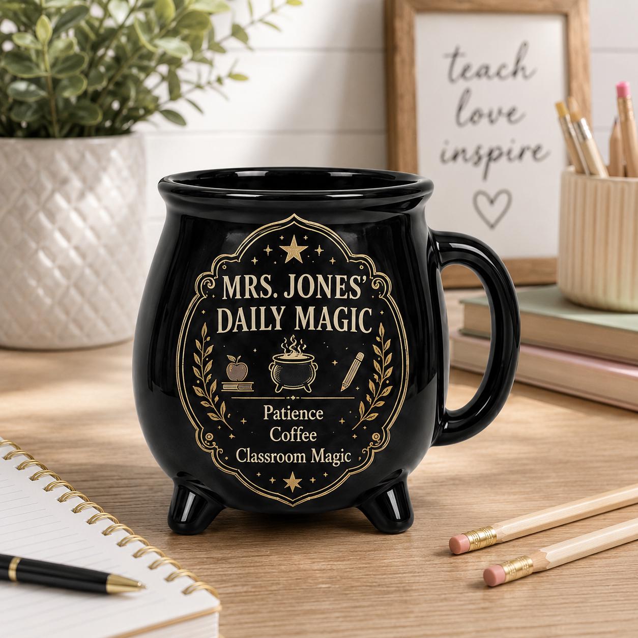 Personalized Cauldron Mug, Custom Daily Magic Witch Mug, Halloween Ceramic Coffee Cup, Gothic Book Lover Teacher Mom Gift