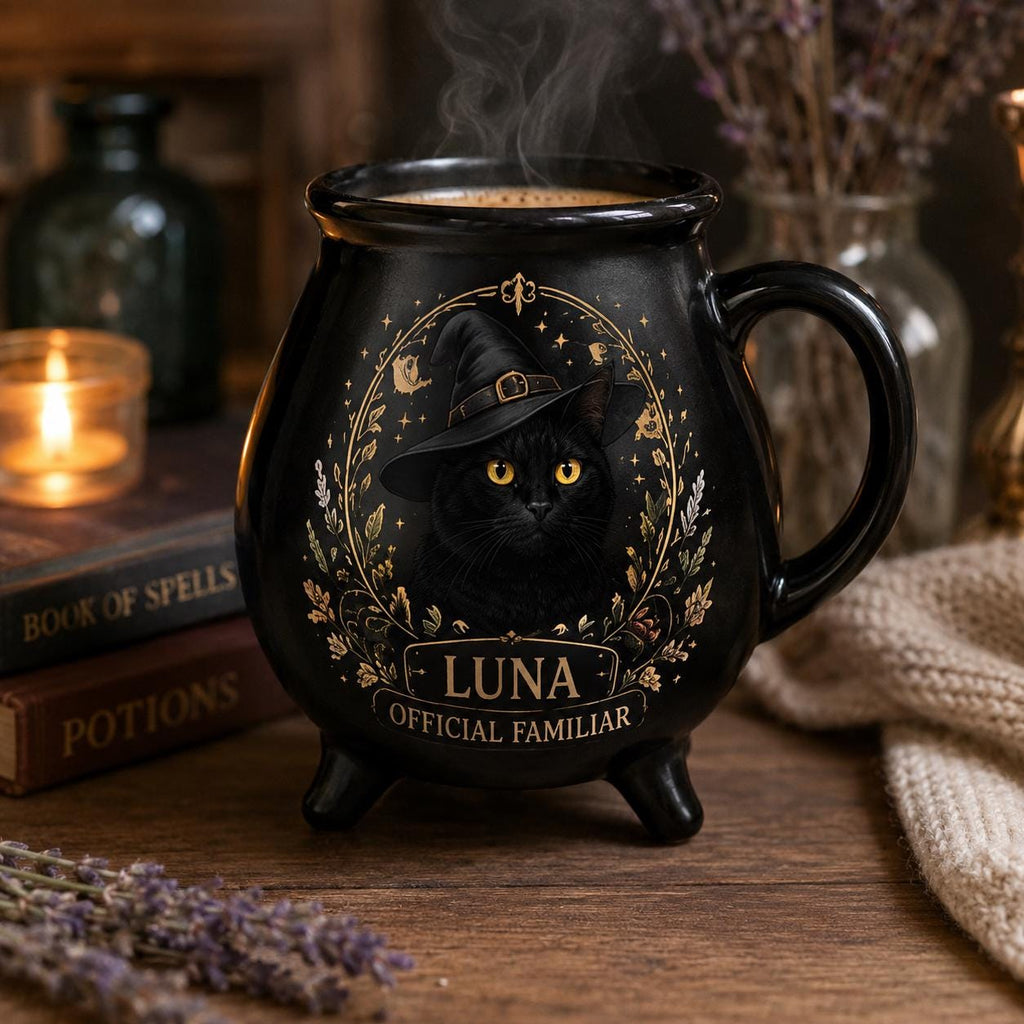 Personalized Pet Cauldron Mug, Custom Witch Familiar Cat or Dog Portrait, Halloween Ceramic Mug, Gothic Pet Lover Gift