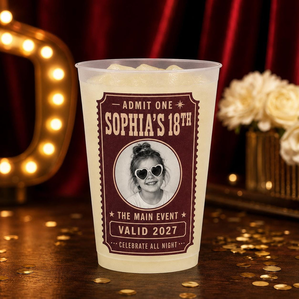 Personalized Birthday Photo Frosted Cups, Custom Childhood Picture Party Cups, Milestone Birthday Favors, Retro Face Drinkware