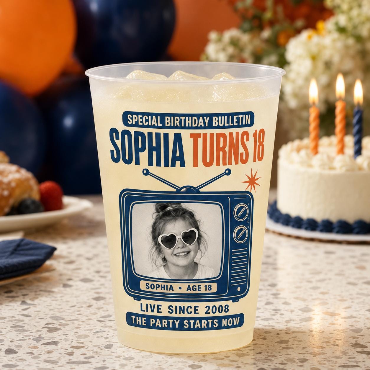 Personalized Birthday Photo Frosted Cups, Custom Childhood Picture Party Cups, Milestone Birthday Favors, Retro Face Drinkware