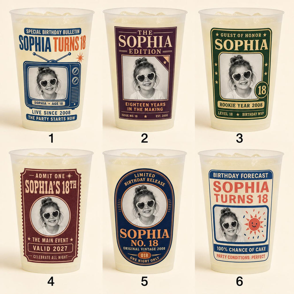 Personalized Birthday Photo Frosted Cups, Custom Childhood Picture Party Cups, Milestone Birthday Favors, Retro Face Drinkware