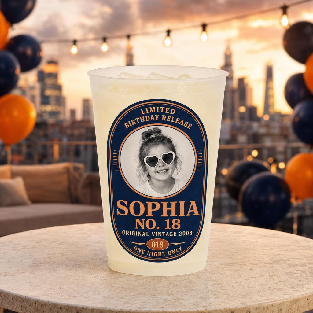 Personalized Birthday Photo Frosted Cups, Custom Childhood Picture Party Cups, Milestone Birthday Favors, Retro Face Drinkware