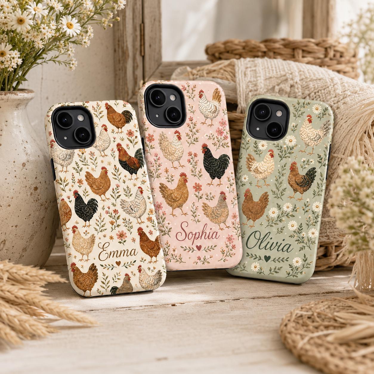 Custom Chicken Phone Case, Personalized Farmhouse Hen Rooster iPhone Case, Cottagecore Floral Name Case Gift