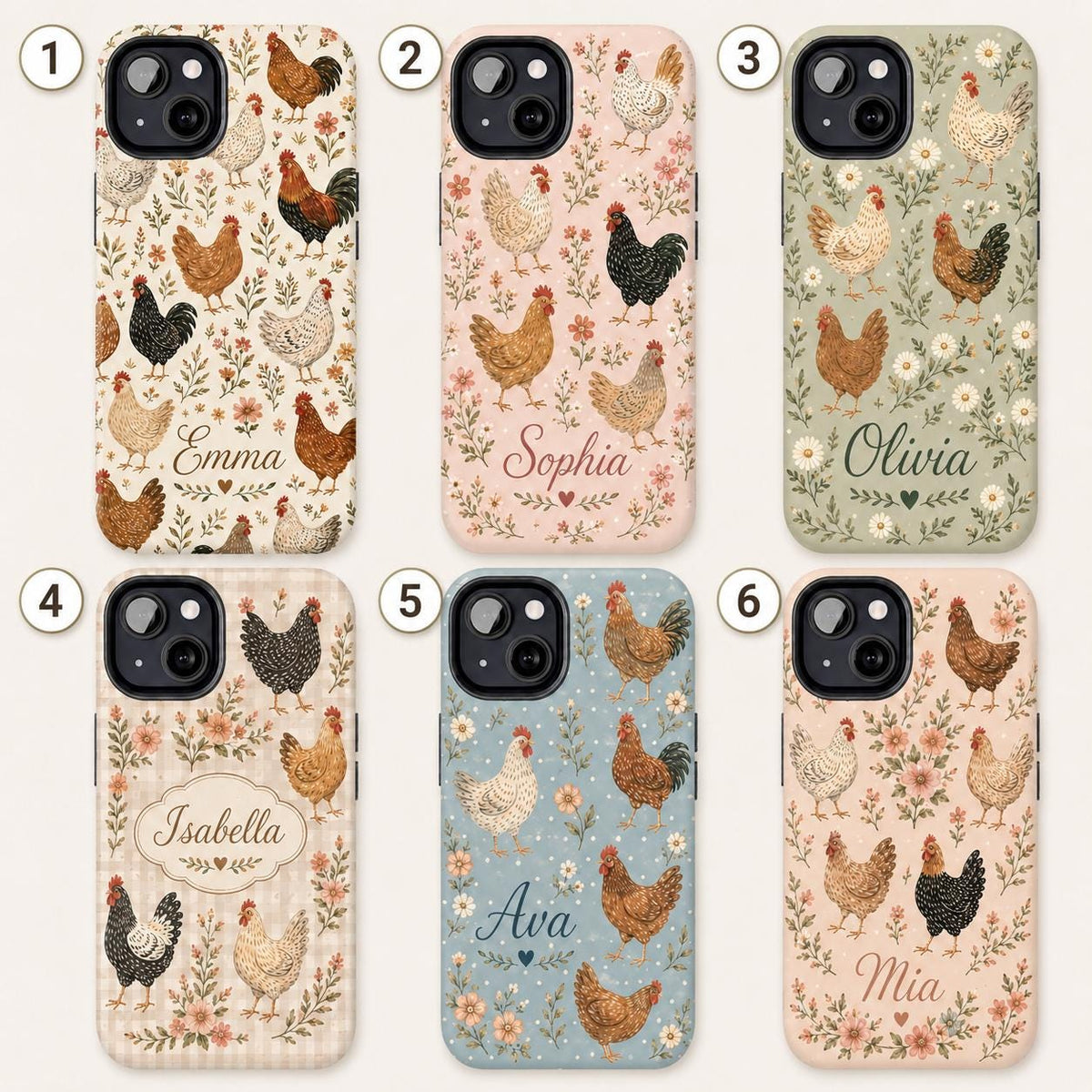 Custom Chicken Phone Case, Personalized Farmhouse Hen Rooster iPhone Case, Cottagecore Floral Name Case Gift