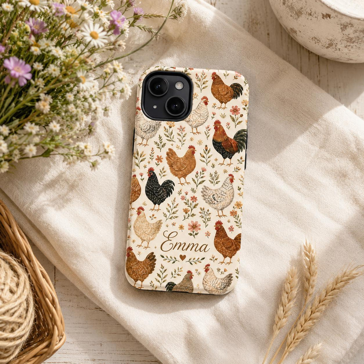 Custom Chicken Phone Case, Personalized Farmhouse Hen Rooster iPhone Case, Cottagecore Floral Name Case Gift