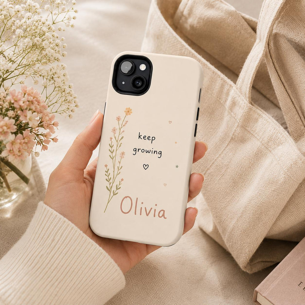Custom Motivational Phone Case, Personalized Positive Quote iPhone Case, Minimal Doodle Name Case Gift