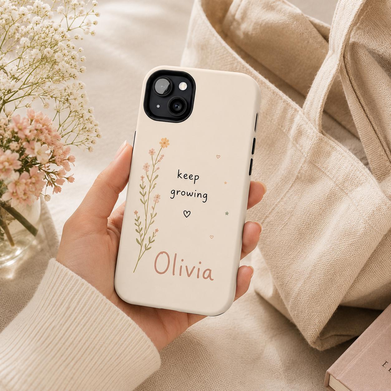 Custom Motivational Phone Case, Personalized Positive Quote iPhone Case, Minimal Doodle Name Case Gift