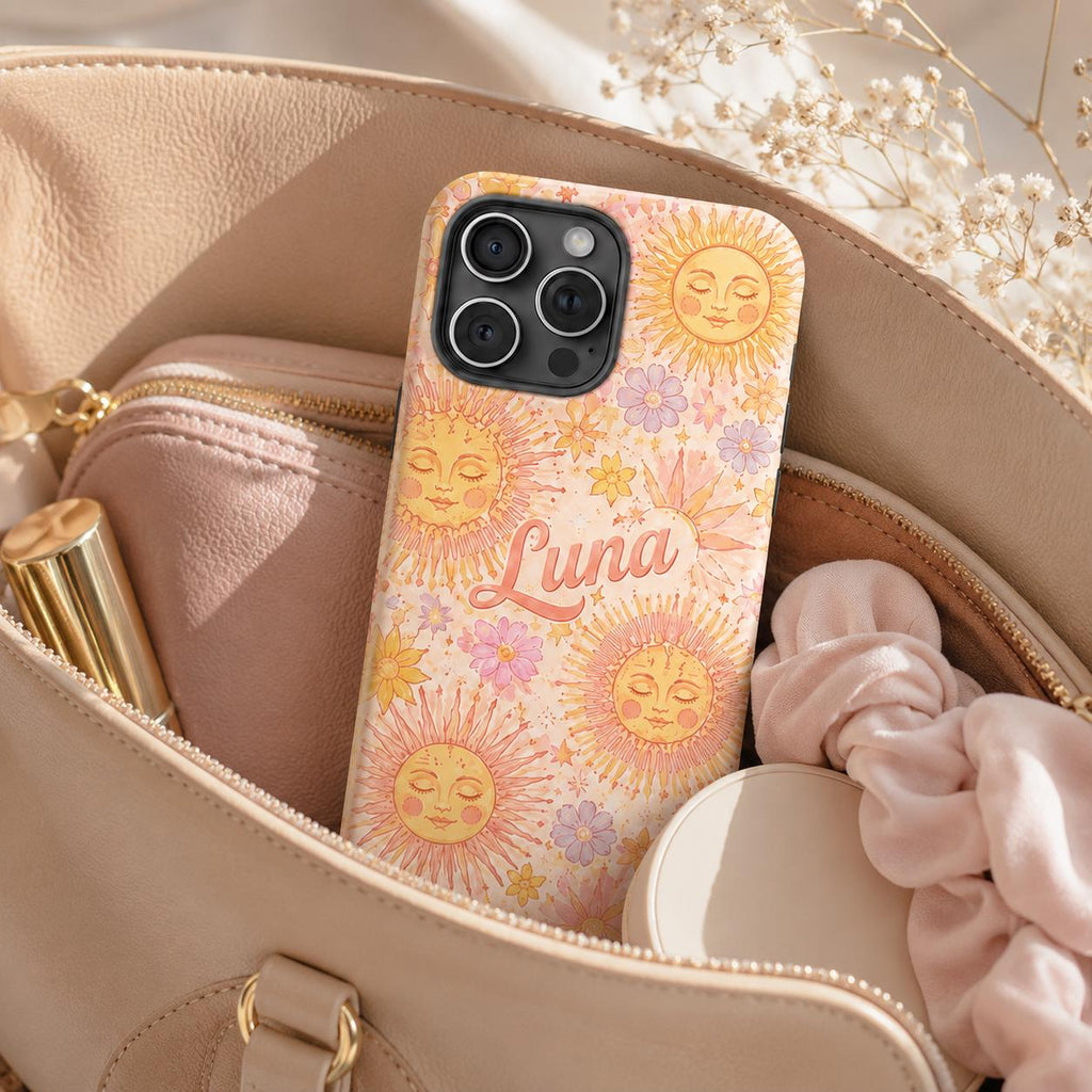 Custom Sun Phone Case, Personalized Celestial Floral iPhone Case, Boho Sunshine Name Case Gift