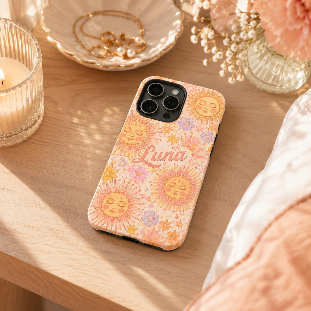 Custom Sun Phone Case, Personalized Celestial Floral iPhone Case, Boho Sunshine Name Case Gift