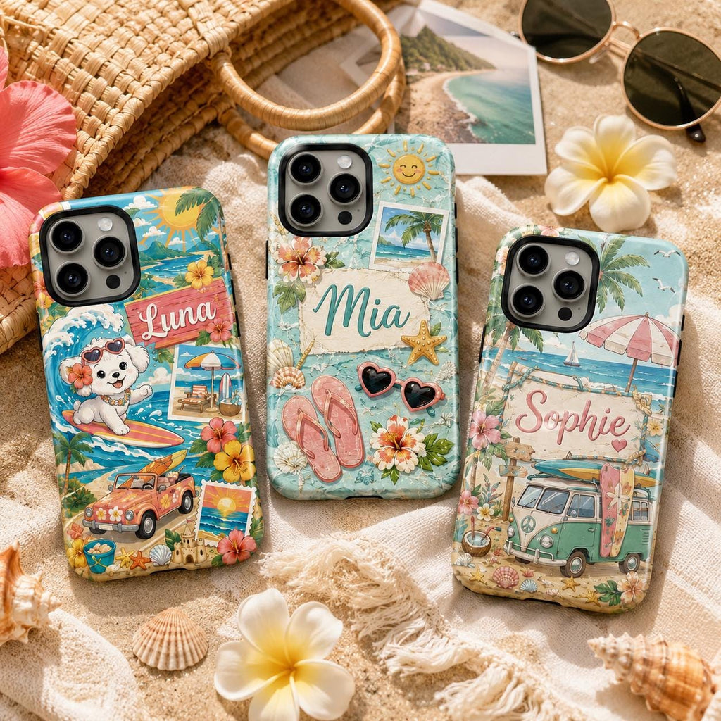 Custom Beach Phone Case, Personalized Summer iPhone Case, Tropical Vacation Name Case Gift for Her