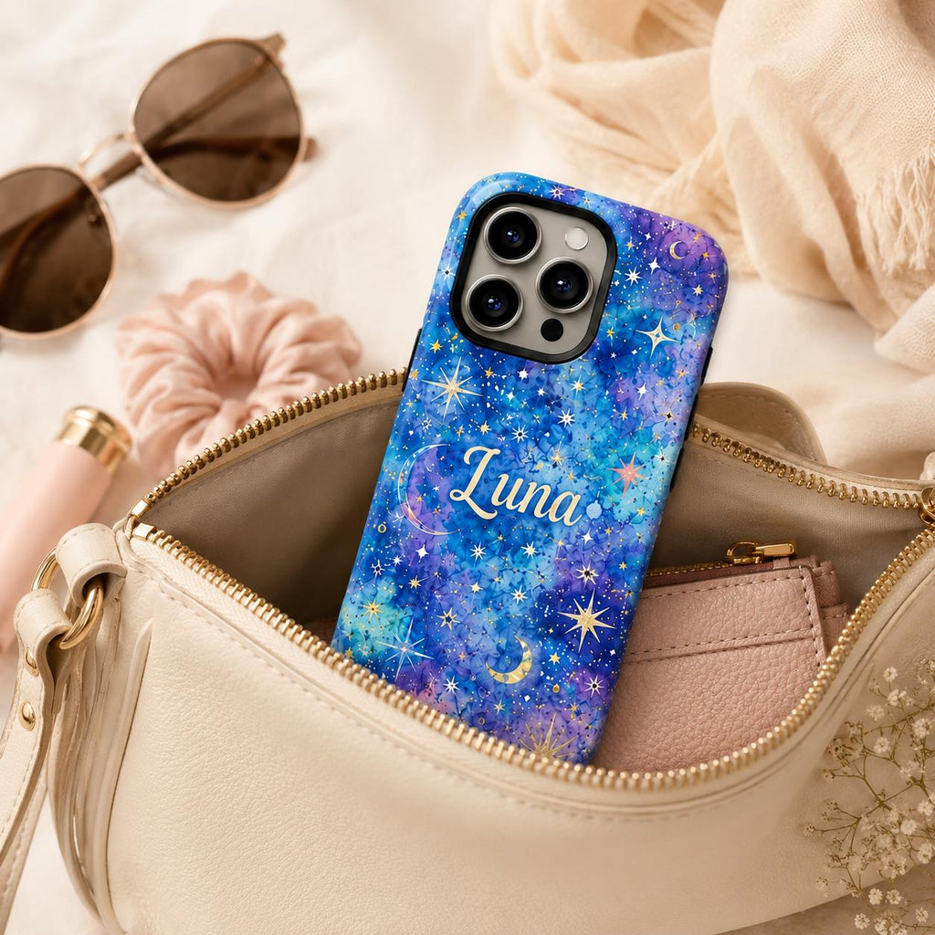Custom Galaxy Phone Case, Personalized Celestial iPhone Case, Colorful Star Moon Name Case Gift
