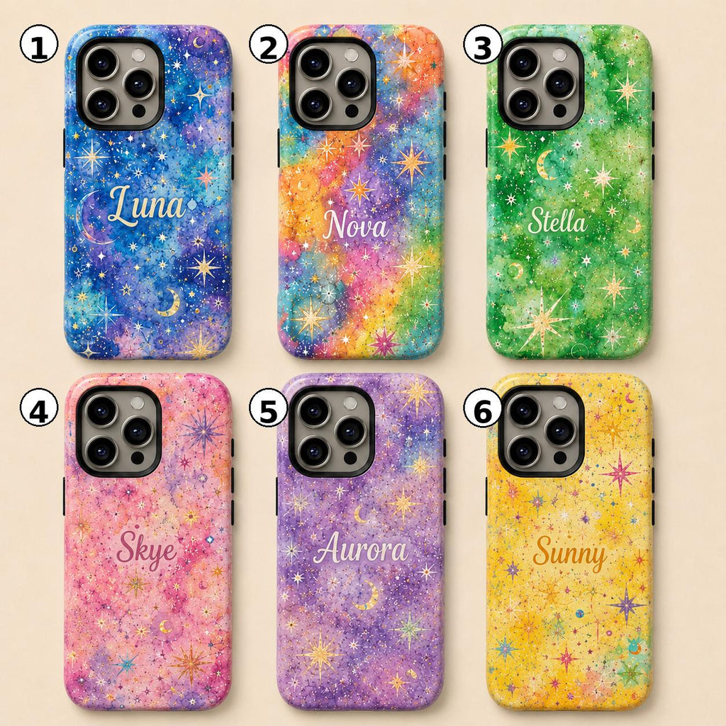 Custom Galaxy Phone Case, Personalized Celestial iPhone Case, Colorful Star Moon Name Case Gift