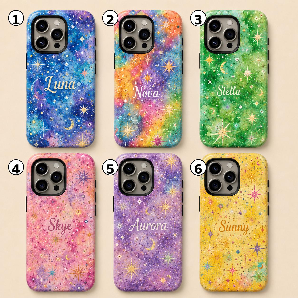 Custom Galaxy Phone Case, Personalized Celestial iPhone Case, Colorful Star Moon Name Case Gift