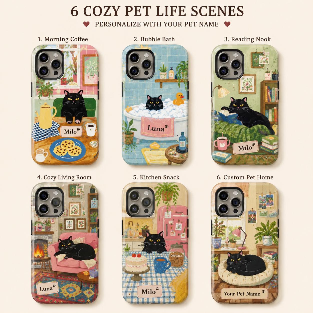 Custom Black Cat Phone Case, Personalized Cozy Tea iPhone Case, Cottagecore Cat Lover Gift for Her