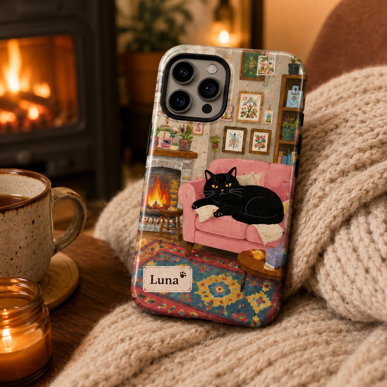 Custom Black Cat Phone Case, Personalized Cozy Tea iPhone Case, Cottagecore Cat Lover Gift for Her