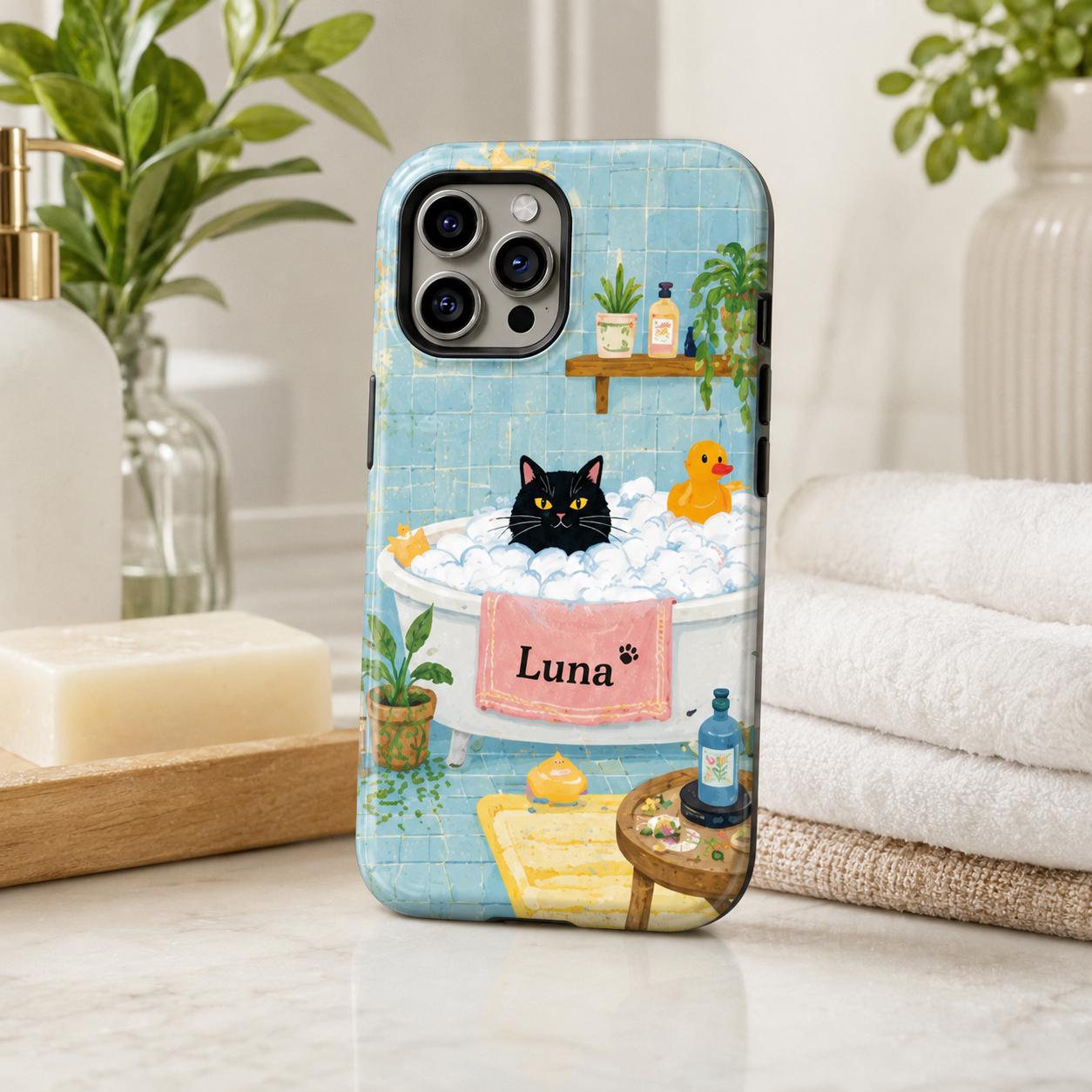 Custom Black Cat Phone Case, Personalized Cozy Tea iPhone Case, Cottagecore Cat Lover Gift for Her