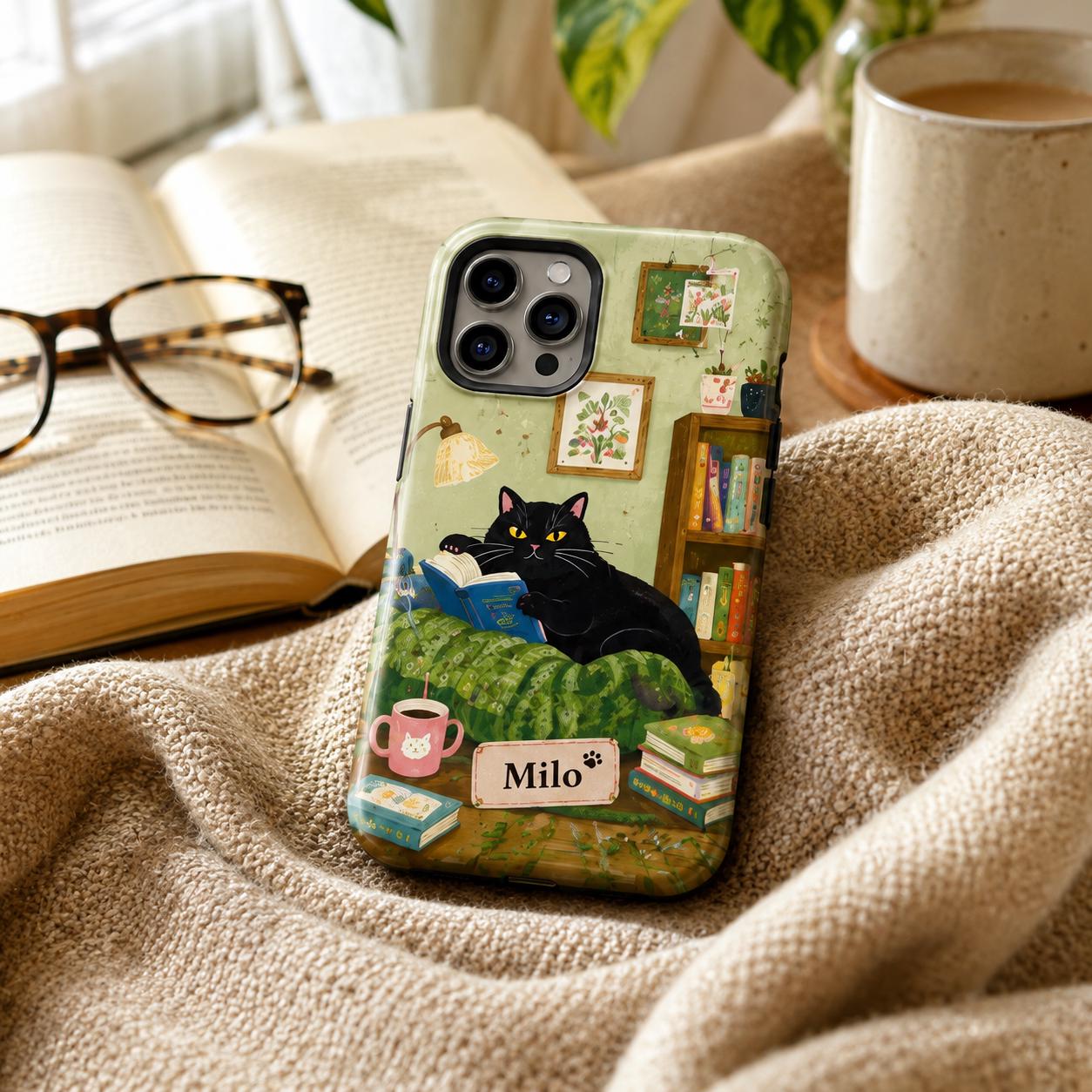 Custom Black Cat Phone Case, Personalized Cozy Tea iPhone Case, Cottagecore Cat Lover Gift for Her