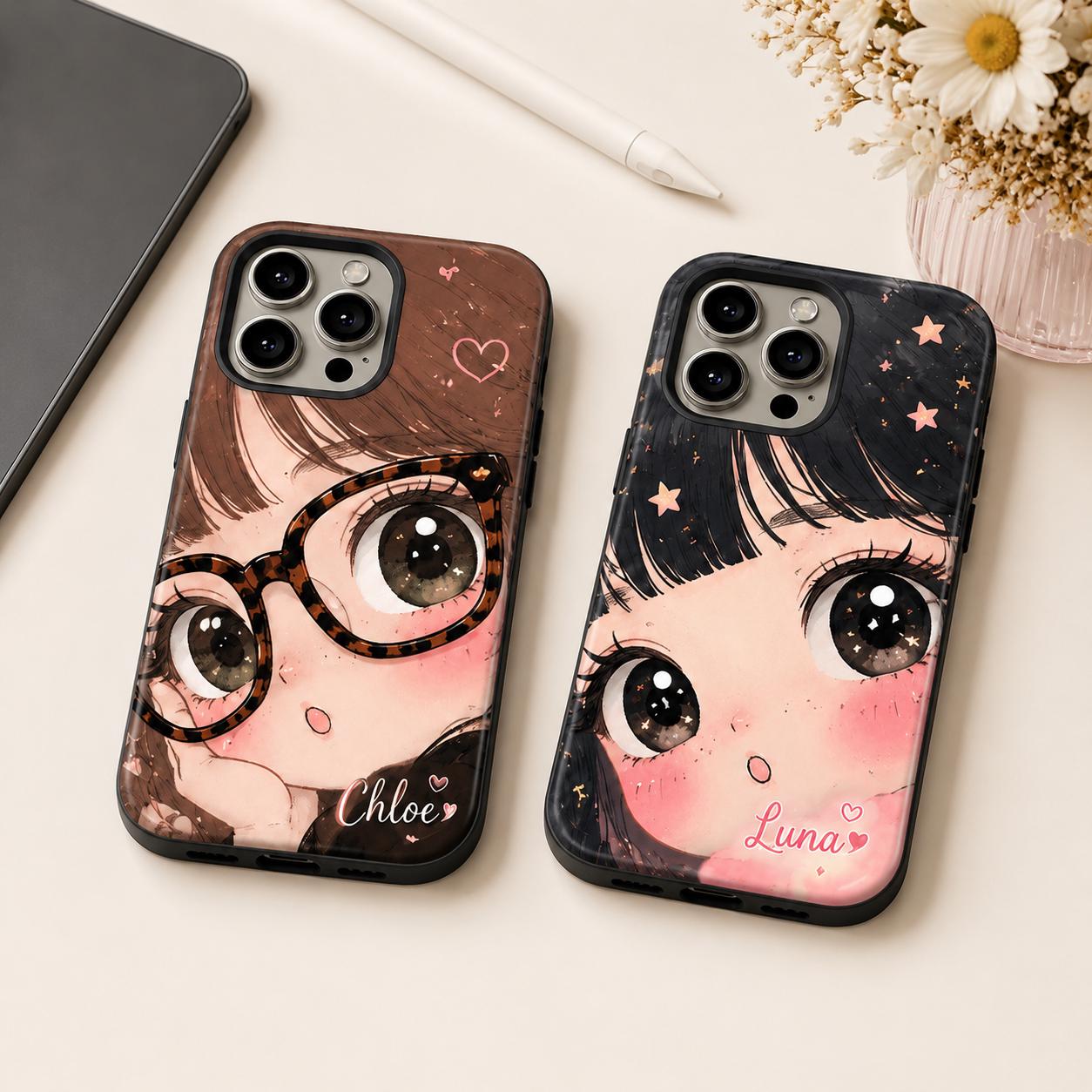 Custom Kawaii Girl Phone Case, Personalized Big Eye Anime iPhone Case, Cute Name Case Gift for Her