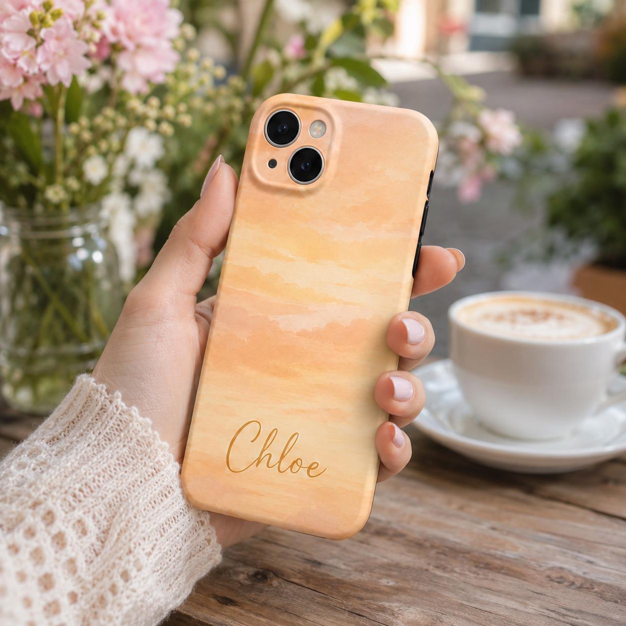 Custom Sunset Phone Case, Personalized Watercolor Sky iPhone Case, Pastel Cloud Name Case Gift for Her